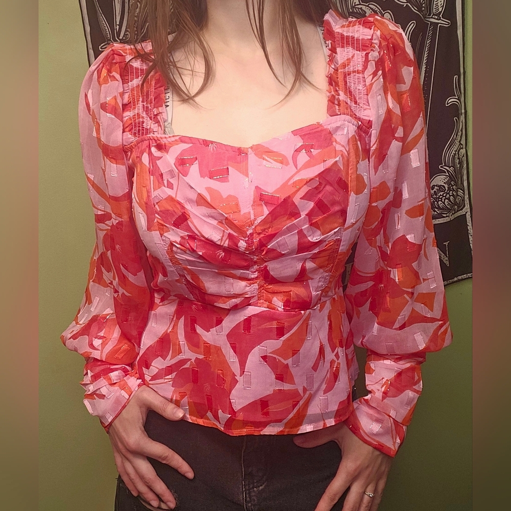 French Connection Tropical Print Balloon Sleeve Faux Corset Bust Top
